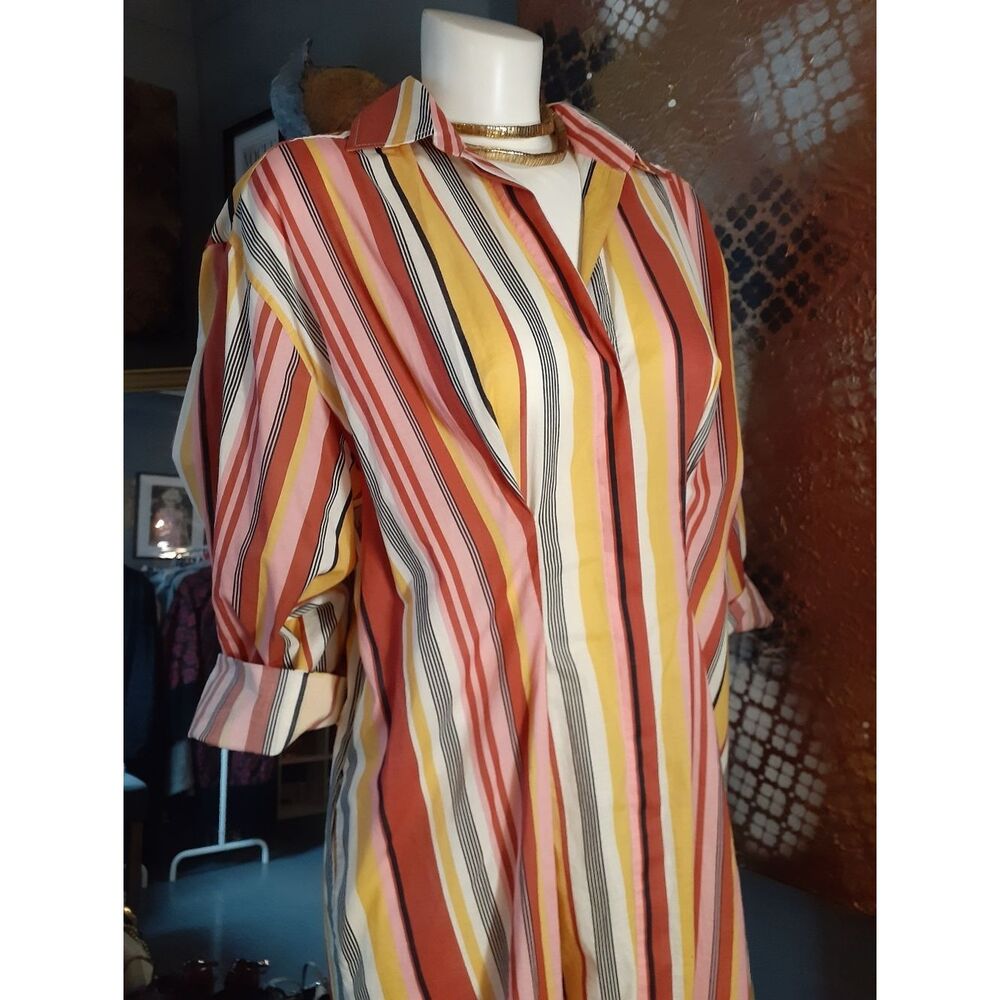 Zara 100% Cotton Striped Button-Front Maxi Shirt Dress in Warm Tones - Picture 10 of 16